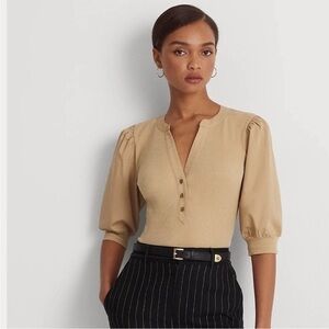 LAUREN Ralph Lauren Puff-Sleeve Cotton Blend Henley Tee Birch Tan Size 2X